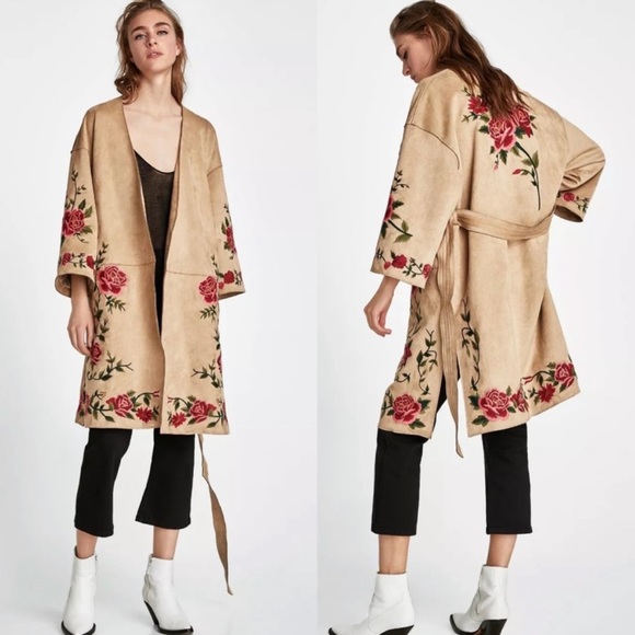 Zara Basic Faux Suede Camel Kimono Duster w/Rose Embroidery Sz XS - Picture 2 of 14